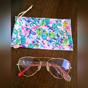 NWT Lilly Pulitzer Palm Tree Blue Light Glasses Aviator Gold Pink